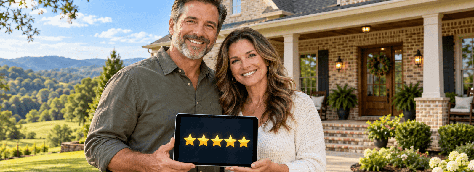 Couple holding a tablet displaying a five-star rating outside a home in Cookeville, Tennessee, representing a positive home inspection experience.
