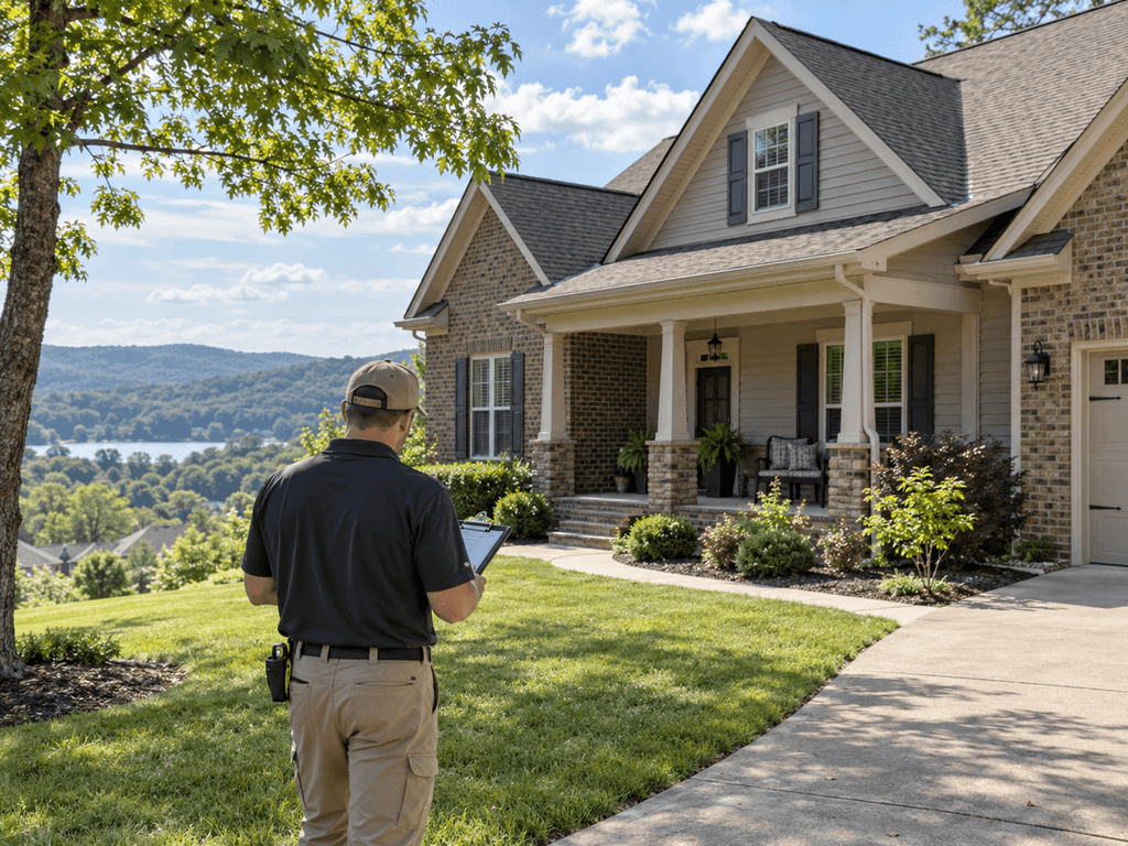 Home inspector evaluating the exterior of a residential property in Cookeville, Tennessee, with a wooded hillside and lake in the background.