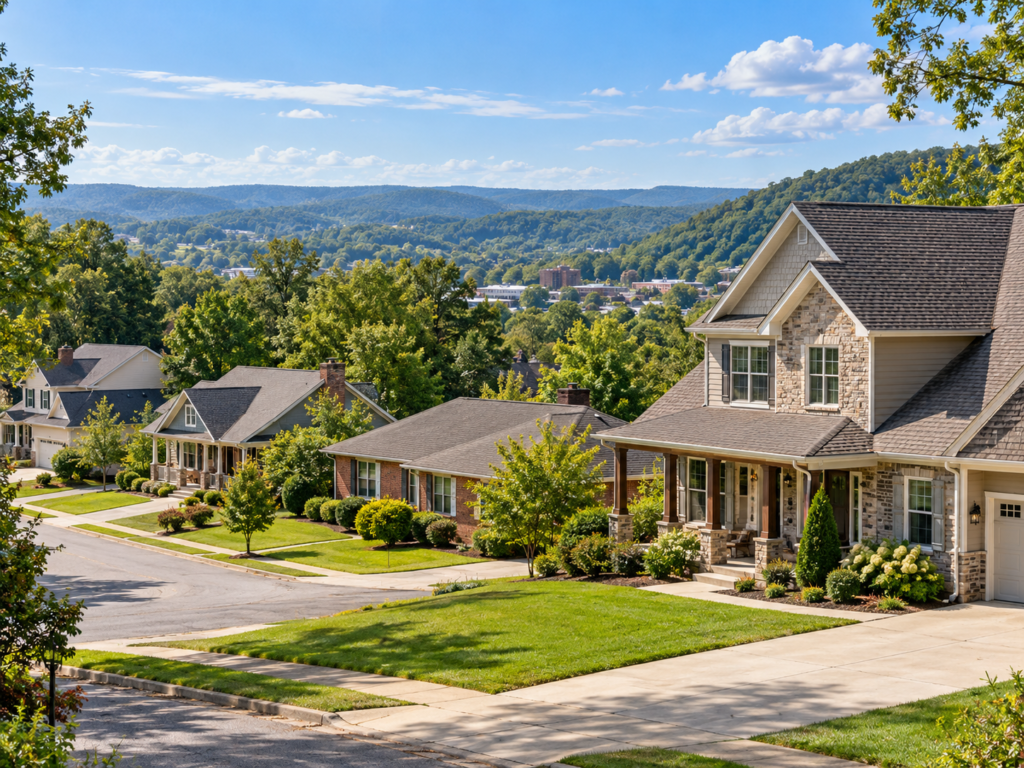 Residential neighborhood in Cookeville, Tennessee, surrounded by the Upper Cumberland hills.