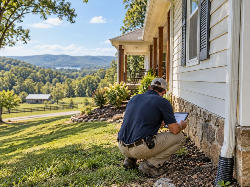 Home inspector inspecting the exterior foundation of a home in Livingston, Tennessee.
