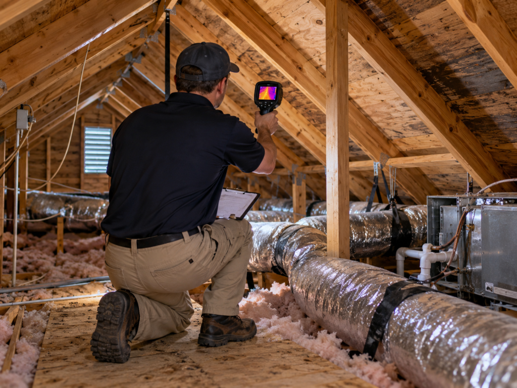 Home inspector using thermal imaging during an attic inspection in Smithville, Tennessee.