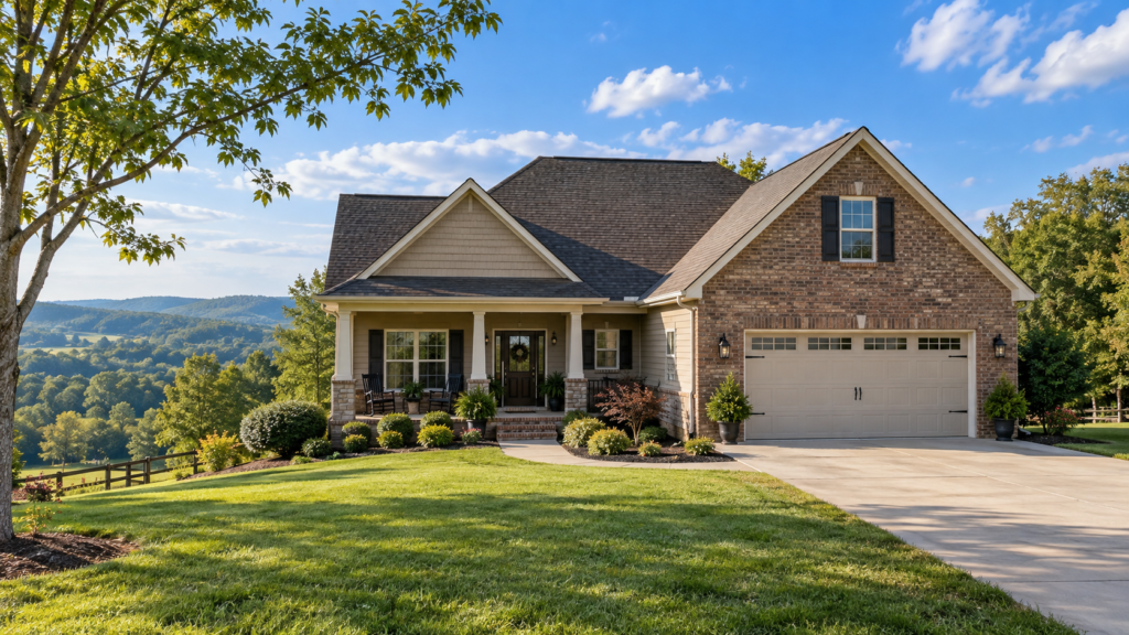 Residential home in Tennessee’s Upper Cumberland region surrounded by rolling wooded hills.