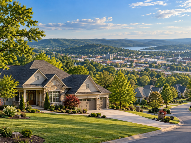 Scenic view of Cookeville, Tennessee, homes, downtown area, and surrounding Upper Cumberland landscape.